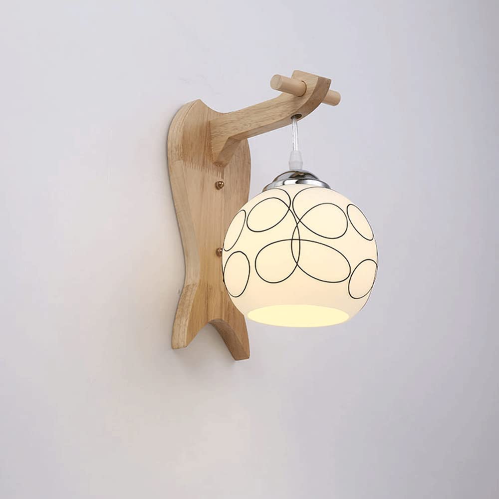 KXEcoLife Wall Sconce Wooden Lamp Milk White Glass Wood Chassis E27 Screw Base Living Room Aisle Wall-Mounted Lighting Fixture