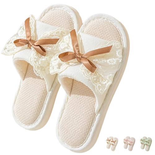 Lace Bow Slippers for Women Indoor Summer Linen Slippers Sandals Bow Tie Open Toe Home Slides Bedroom Non-Slip House Shoes Cozy Breathable Slippers with Bows