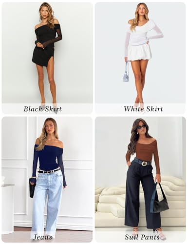 Womens Fixed Off The Shoulder Mesh Long Sleeve Tops Sexy Going Out Shirts Ruched Slim Fitted Blouse Trendy Outfits3