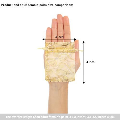 Staruby Organza Gift Bag 100Pcs Gold Sheer Organza Bag Mesh Favor Bags Drawstring Jewelry Rattan Printed Gift Pouches for Wedding Party Favors Couple Shower Christmas Gifts Candy Bags (3x4 Inches)2