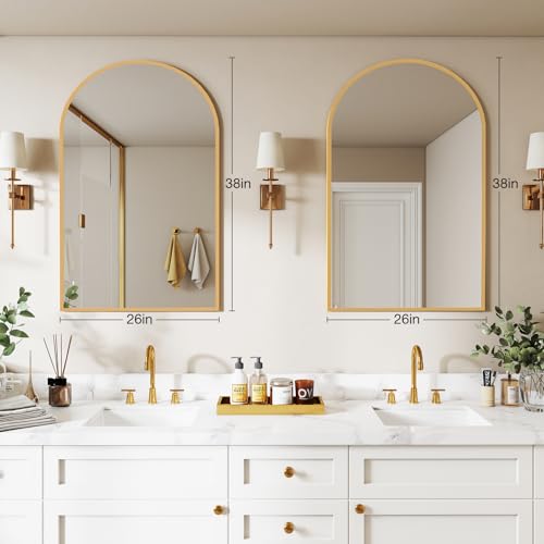 Image of DUMOS Gold Metal Arch Vanity Rounded Rectangle Bathroom Mirrors for Over Sink Wall, 27x38 Inch Large Matte Mirror, Modern Decorative for Restroom, Farmhouse