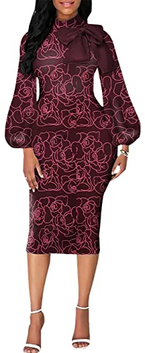 Image of Sexy Long Sleeve Dress for Women Solid Color Bow Knot Turtleneck Formal Gown Midi Casual Church Dresses