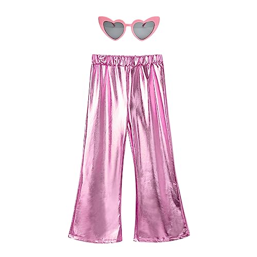 Girls Shiny Flared Pants Pink Halloween Alien Costume Metallic Pants Rave Holographic Outfits 10-11years