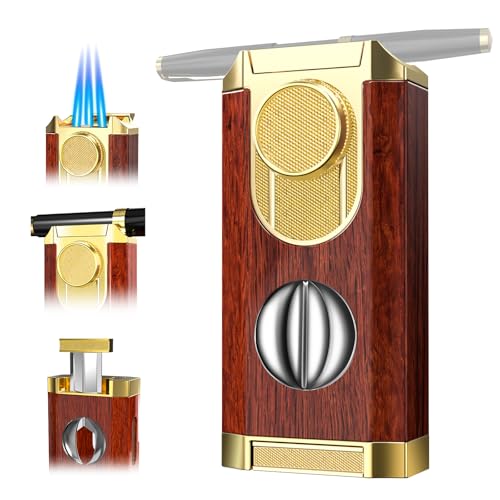 All-in-One Triple Torch Lighter Built-in V Cutter Holder Adjustable Windproof Jet Flames Lighter Refillable Butane Design Ideal Gift for Men with Gift Box (Butane not Included)
