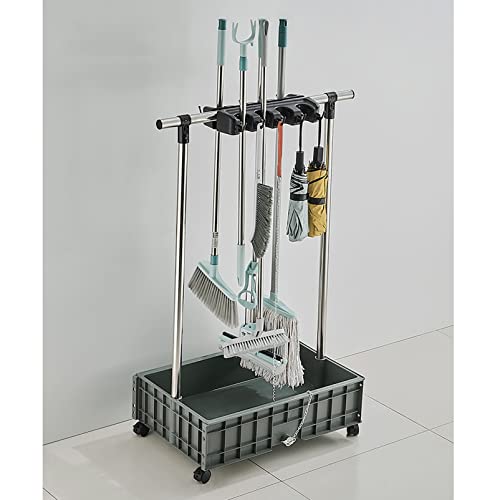 Multifunktionaler Bodenreinigungswagen mit Rädern, Wischmopp und Besenhalter für Zuhause, Garten, Scl, Hotelfabrik, unverzichtbarer Reinigungswerkzeug-Organizer