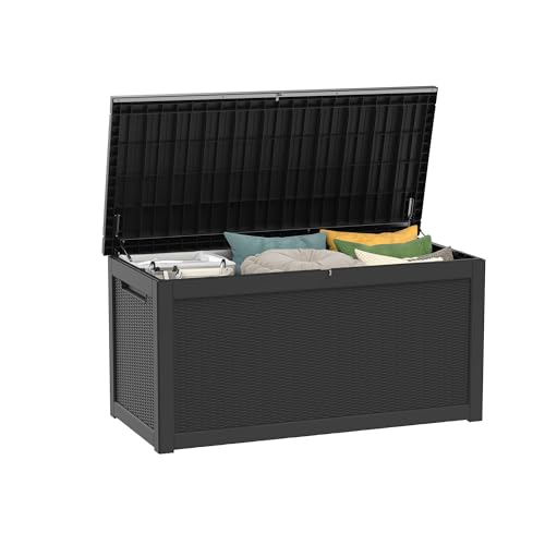 PATIOEASY Outdoor Storage Box 325GAL Waterproof Resin Deck Box Pool Accessories SuppliesUV-Resistant Lockable Package Delivery Bin for Garden Tools Large Patio Outside Cushions Chest Furniture Black