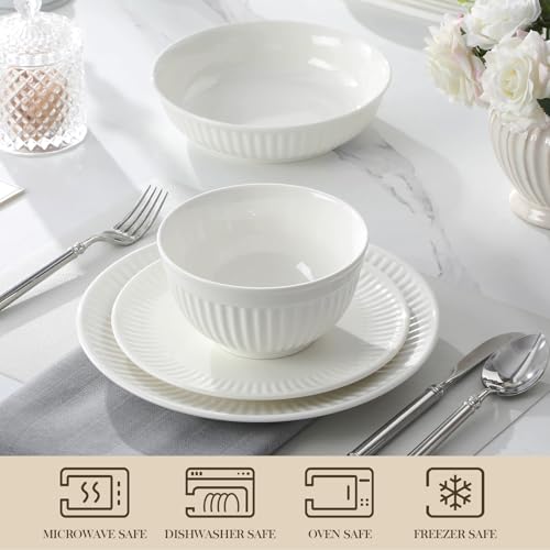 MALACASA 24-Piece Embossed Porcelain Dinner Set for 6, Includes Dinner Plates & Soup Bowls, Chip and Scratch Resistant, Microwave and Dishwasher Safe, Elegant White, Series Leila - Image 5