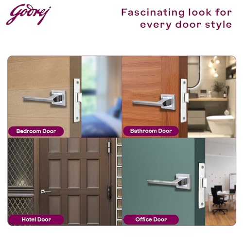 Image of Godrej Door Handle Set | Zinc Alloy Handle with Rosette | Keyless Babylatch Lock | Reversible for L /R Doors| Satin Steel Finish|Europrofile Mortise Compatible | 1 Lakh Cycle Tested | 1 Year Warranty