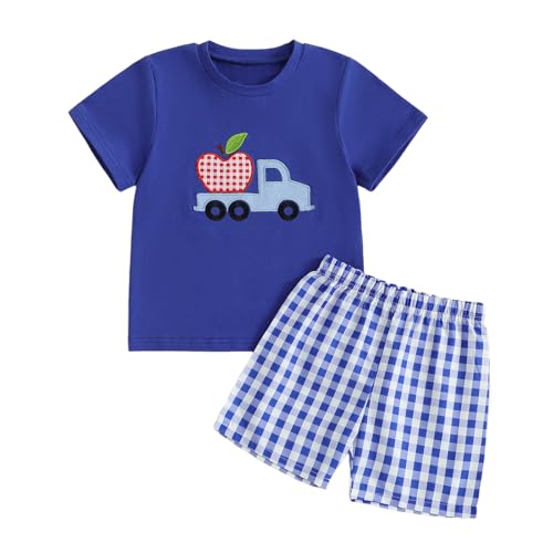 Toddler Baby Boy Back to School Outfits Apple Embroidery Short Sleeves T-Shirt Elastic Plaid Shorts Set 2Pcs Summer