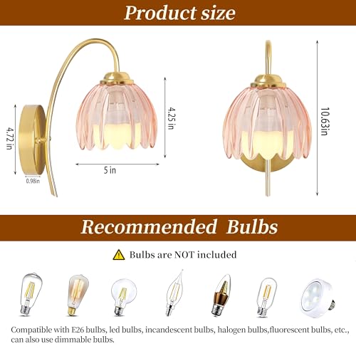 Image of Vintage Battery Wall Sconce with Flower lampshade,Rechargeable Battery Powered Wall Lights,Wall lamp with 15 Colors for Bedroom Living Room Home Decor (Pink Tulip, 2 Light Battery Operated)