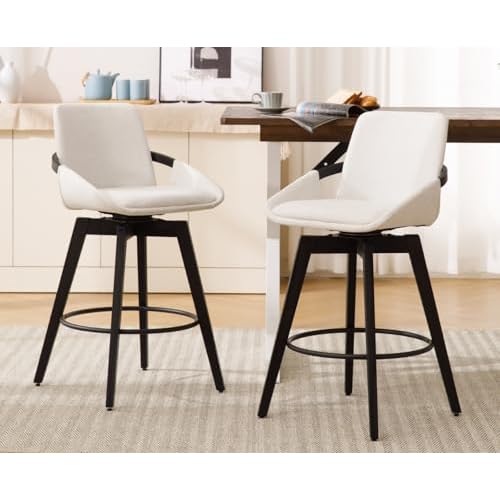 CIMOTA Swivel Counter Height Bar Stools Set of 2, Mid Century Modern Wooden Bar Stool Chairs with Linen Upholstered Seat and Curved Back, 26" Counter Stools for Kitchen Island, Grey