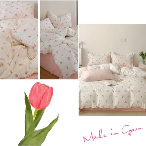 Image of Nayoroom Pink Floral Duvet Cover Twin Size Cute Tulip Printed on White Comforter Cover 2Pcs Kids Girls Kawaii Cottagecore Bedding Set with Zipper Closure Soft Breathable Microfiber