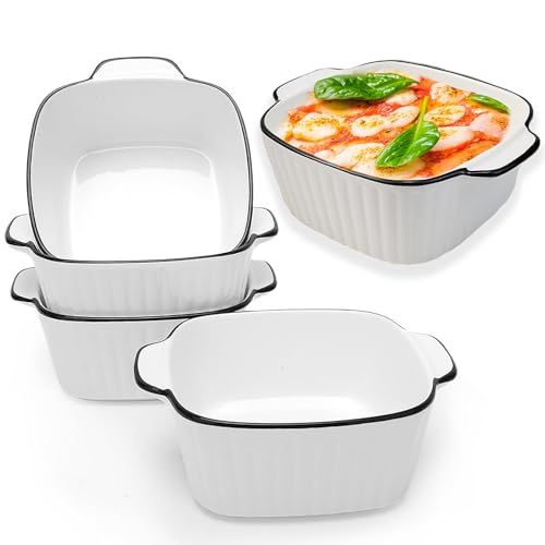 Lot de 4 Mini Plats à Gratin Carrés en Céramique de 400 ML, 14,9x11,5x5,7 CM Plats de Cuisson Carrés, Mini Plats à Gratin en céramique avec Poignées, Céramiques Plats de Cuisson, four et Micro Ondes