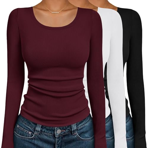 Ekouaer Women Long Sleeve Tops Fitted Round Neck Shirt Ribbed Basic T Shirt 3 Pack Soft Thermal Undershirts Casual Base Layer Tee Black/White/Dark Red L
