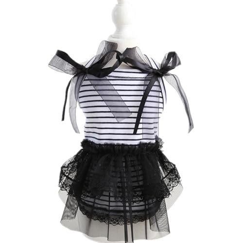 ISUPY 犬 ワンピース ドレス スカート 春夏用 ペット服 かわいい 洋服 ドッグウェア ペットウェア ボーダー柄 蝶結び チュール 人気 ファッション 綿製 脱毛保護 散歩着 お出かけ 部屋着 記念撮影 小中型犬 (S,ブラック)