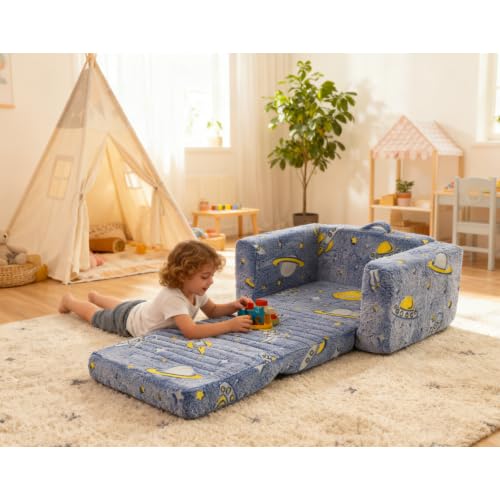 dowowdo Divano pieghevole per bambini in peluche con motivo astronauto, pieghevole, morbido pouf blu/verde/bianco, lavabile e veloce da aprire