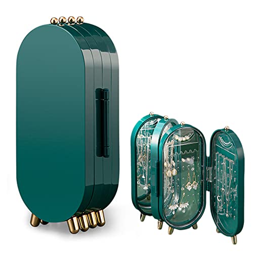 TINGFENG Earring Holder with Mirror Foldable Jewelery Stand Earring Stand Organiser Holder Multi-Function Screen Shaped Metal Jewelry Display Stand for Earrings Ear Studs Thin Necklace (Green)