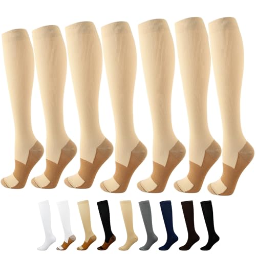 Image of 7 Pairs Compression Socks for Women and Men Circulation 15-20 mmHg Knee High Stockings Support for Athletic Running,Hiking