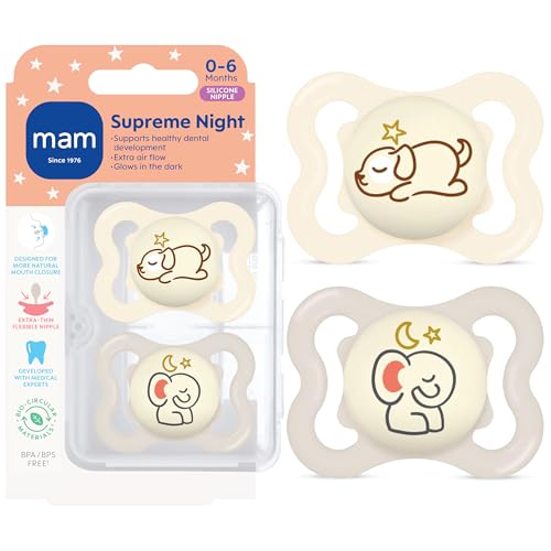 Image of MAM Supreme Baby Pacifier, Newborns 0-6 Months, Developed with Orthodontists, Extra Air Flow for Sensitive Skin, Glows in The Dark, BPA-Free Silicone, Sterilizer Case, Pack of 2, Made in Europe