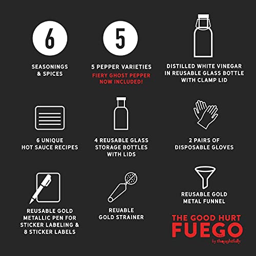 Thoughtfully The Good Hurt Fuego , Extreme DIY Hot Sauce Set, Includes 5 Pepper Varieties like Ghost Peppers, Spices and Reusable Funnel, Bottles, Strainer, Pen and More, DIY Hot Sauce Making Kit