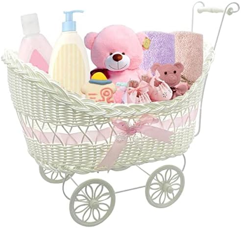 SAFRI LARGE Baby Pram Hamper Wicker Toy Basket with Handles &Wheels Great Gift for Boy & Girl Baby Showers Newborn Baby Gifts (White)