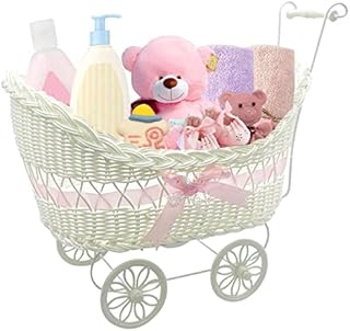 SAFRI LARGE Baby Pram Hamper Wicker Toy Basket with Handles &Wheels Great Gift for Boy & Girl Baby Showers Newborn Baby Gifts (White)