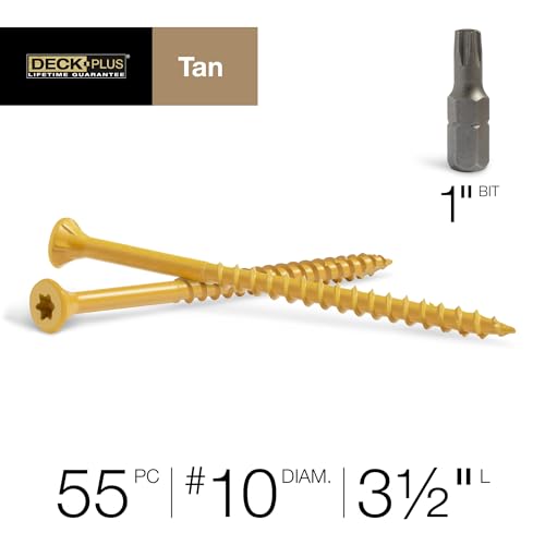 Image of Deck Plus 3-1 /2 Inch Epoxy Coated Exterior Wood and Fence Screws #10 x 3-1 /2 inch Torx /Star Drive Included Coarse Thread, Outdoor Rust Resistant Decking Screw, Tan, 1lb Box, 310 Pieces | 48421