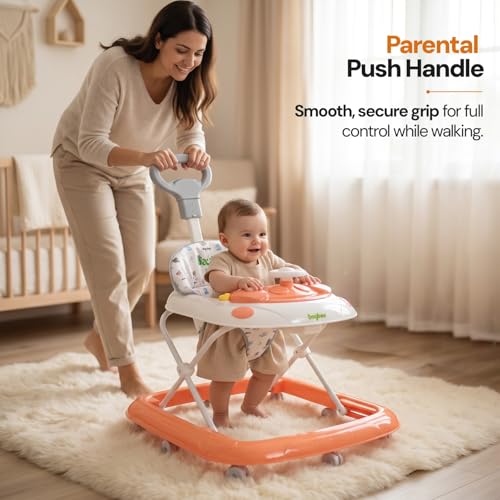 Image of Baybee Baby Walkers for 6-18 Month Baby Boy and Girl with Parental Handle | Interactive Musical Activity, Removable Play Panel & Feeding Tray, Breathable Soft Mesh Seat, Foldable Portable Design | Push Walker for kids (Pink)