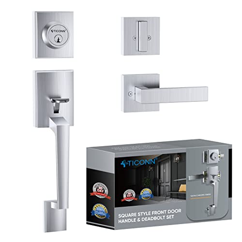 Image of TICONN Front Door Handle Set, Heavy Duty Square Door Lever & Single Cylinder Deadbolt Combo Reversible for Entrance Exterior Doors (Satin Chrome)