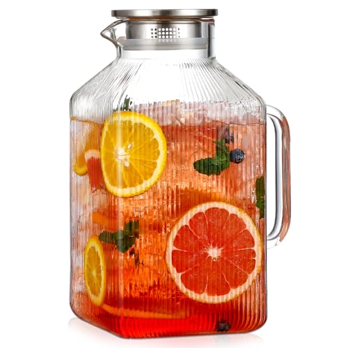 1 Gallon thickened Square Glass Pitcher with Lid, Classic Stripes Water Pitchers for Fridge,...
