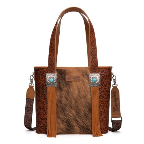 Image of Montana West Wrangler Cowhide Tote Bag for Women Western Tooling Handbag Leather Fringing with Turquoise Stone Concho