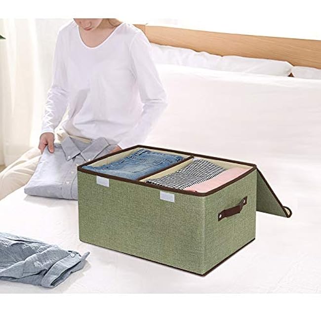 UUJOLY Large Storage Bins Linen Fabric Foldable Basket Cubes Organizer Storage Boxes Drawer with Lid and Handles for Home, Office, Closet, Bedroom, Nursery (Green-2pcs)