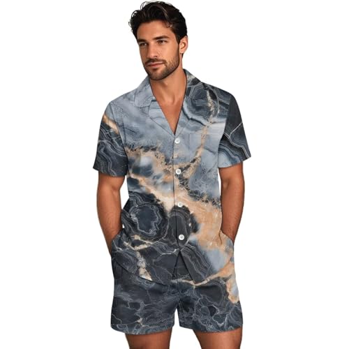 xixirimido Conjunto de pijama de manga corta para hombre con cuello de muesca y botones, ropa de descanso acogedora para sala de estar, Mármol gris dorado, L