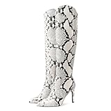 JANSEVEN Botas altas de piel de serpiente para mujer, botas altas de piel de serpiente con tacón alto de aguja, estampado de pitón, puntera puntiaguda, botas de moda con cremallera lateral, Blanco