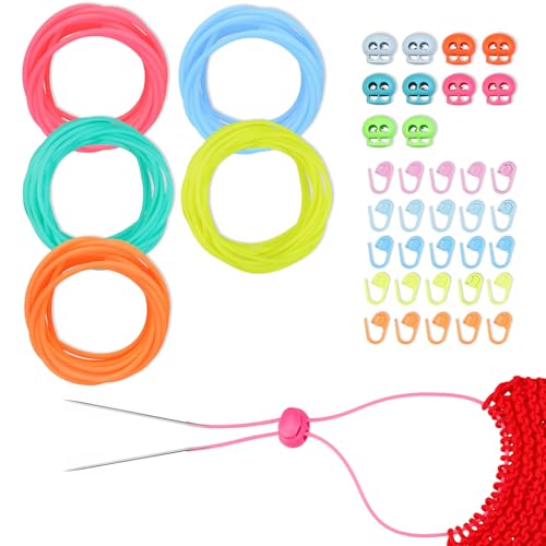 Dexspoeny 10 Pcs Knitting Needle Stoppers,Colorful Silicone Knitting Stitches Holder with 20Pcs Plastic Crochet Hook Clip,2mm Hollow Rubber Tubing Knitting Barber Cord,Convenient for Knitting