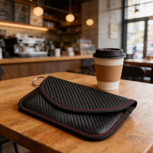 Image of 1PCS Black Striped Faraday Pouch, Anti-Theft Keyless Entry Protector, Signal Blocking Faraday Bag for Car Key Phone, Portable Storage Pouch for Men Outdoor Vehicle Safety
