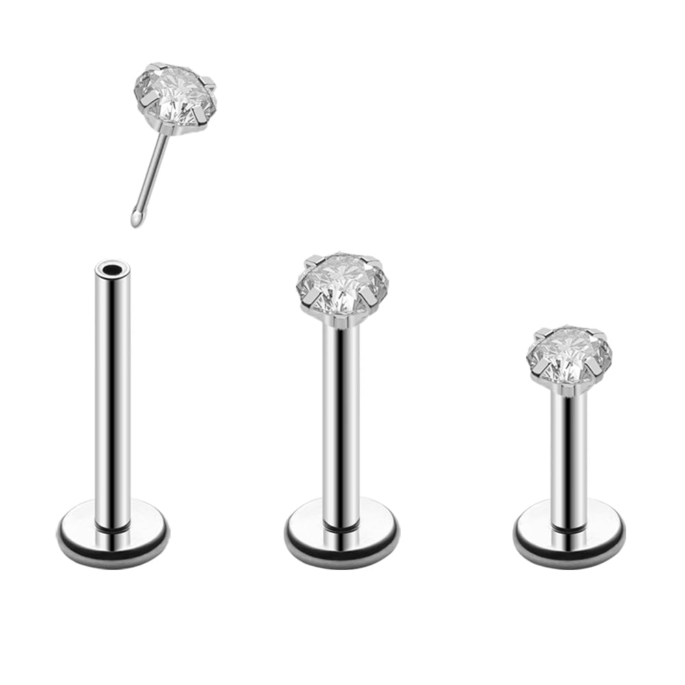 Kiethleasa16G 18G 20G Threadless Push in Lip Ring for Women Men Black Stainless Steel CZ Top Labret Stud Jewelry for Nose Tragus Helix Cartilage Monroe Piercing Jewelry 6mm 8mm 10mm