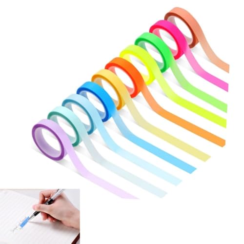 10 Rolls Highlighter Tapes,Transparent Marking Sticker Removable Fluorescent Colored Tags for Reading Class,Coloured Transparent Adhesive Tape for School Office Home(0.8cm* 5m)