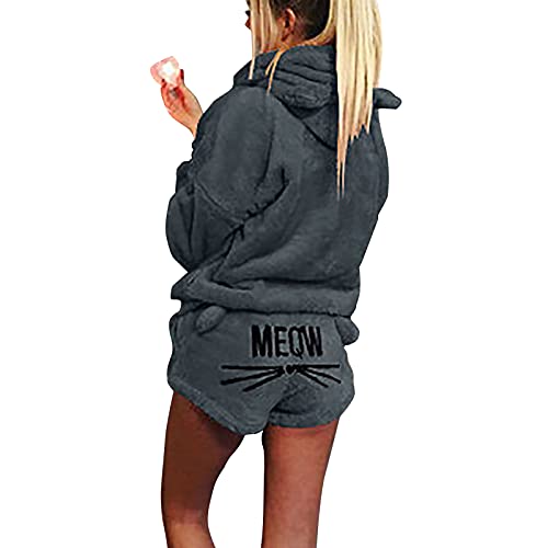 Pyjama 2 pièces d'hiver à capuche avec oreilles de chat et manches longues en polaire pour femme, gris, L Cover