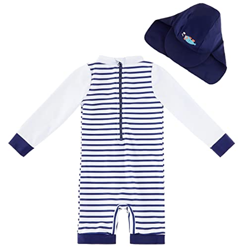 Baby Swimsuit Boy One Piece Rashguard With Hat Upf 50+ Sun Protection ，Blue Stripes,6-9 Months #TOP1
