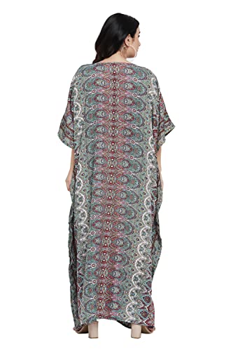 Image of Women Long Maxi Plus Size Polyester Kaftan Gown, Womens Kaftan Dresses | Lounge Resort Wear, Batwing Sleeve Side Slit, Beach Cover Up, House Dress, Lightweight V Neck Loose Fit Boho Dress