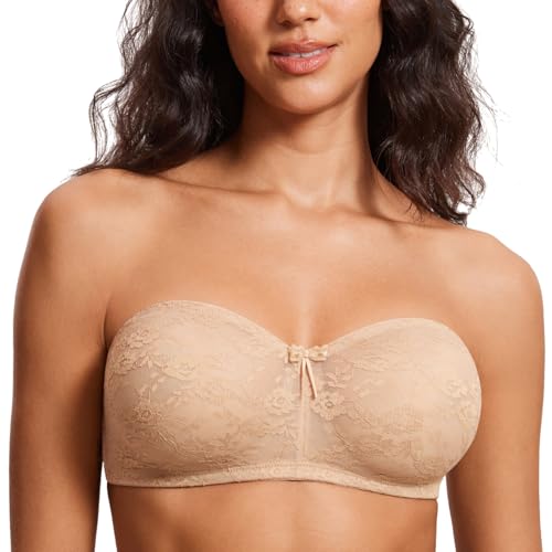Image of DOBREVA Women's Strapless Lace Bras Unlined See-Through | Underwire, Floral Lace, Sexy, Sheer, Soft, Bow, Multiway, Comfort