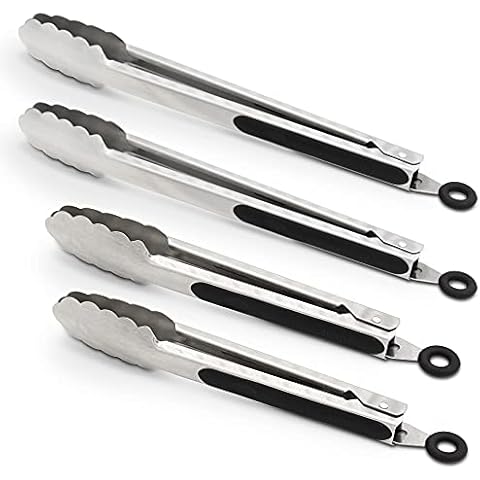 304 Stainless Steel Kitchen Cooking Tongs, 9" and 12" Set of 4 Sturdy Grilling Barbeque Brushed Locking Food Tongs with Ergonomic Grip, Black Cover