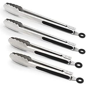 304 Stainless Steel Kitchen Cooking Tongs, 9″ and 12″ Set of 4 Sturdy Grilling Barbeque Brushed Locking Food Tongs with Ergonomic Grip, Black