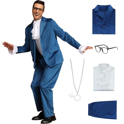 AYYOHON Blue 60s Swinger Costume Groovy Costumes for Men Spy Austin Halloween Cosplay Suit Ruffle Shirt Jacket Pants Set 2XL