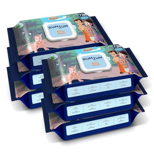 Image of Bumtum Baby Chota Bheem Gentle Soft Moisturizing Wet Wipes With Lid | Aloe Vera & Chamomile Extracts | Paraben & Sulfate Free (Pack of 6, 72 Pcs. Per Pack)