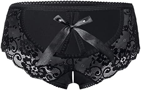 PERAMBRY Women's Lace Stretch Sexy Thong Bikini Panties Bow Tie Breathable Fashionable (BLACK-0200, XX-Large)