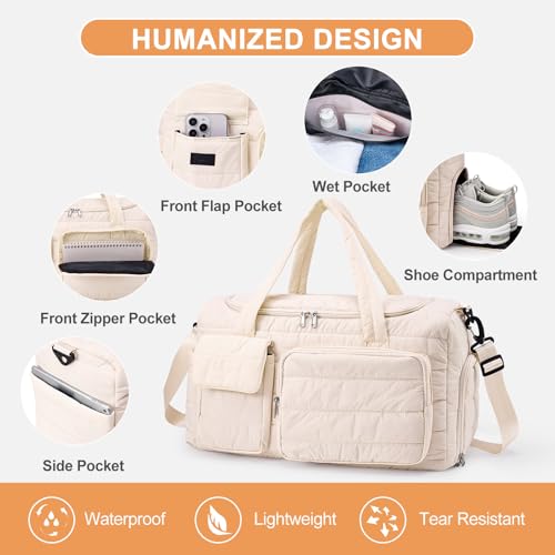 Image of Small Gym Bag for Women, Travel Duffle Bag Carry On Weekender Bag with Shoe Compartment, New#Beige, Small to Medium, Stylish Gym Bag