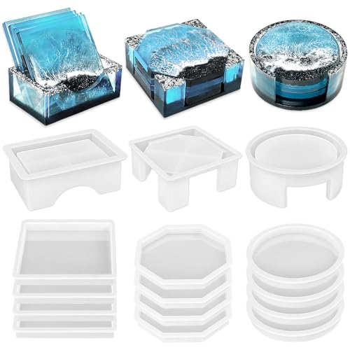 RESINWORLD Set of 3 Thick Square Octagon Round Coaster Molds with Matching Holder Mold Shiny Coaster Silicone Molds for Resin Casting