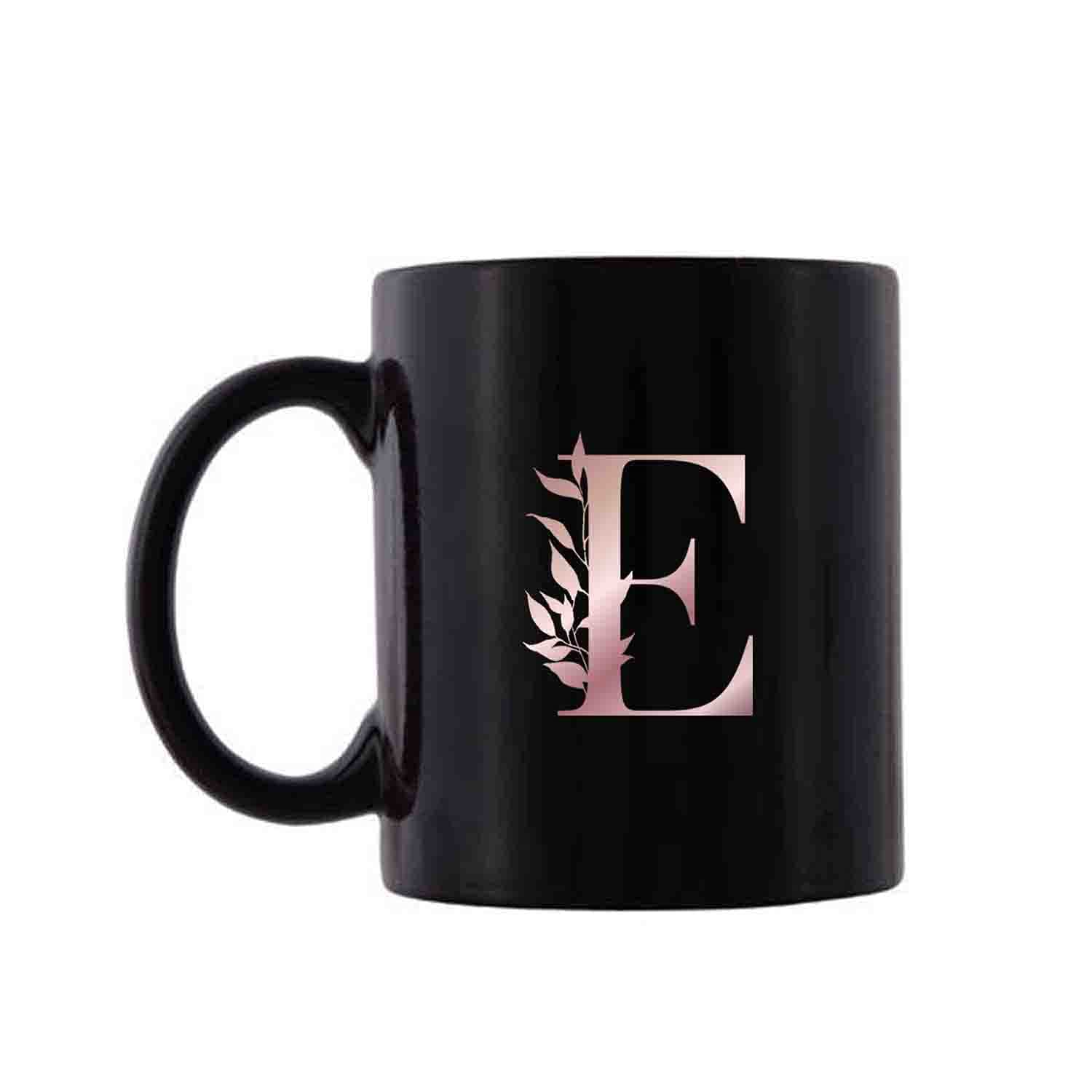 Designer Unicorn Printed Ceramic Coffee Mug Initial Monogram (Black) (Letter E)